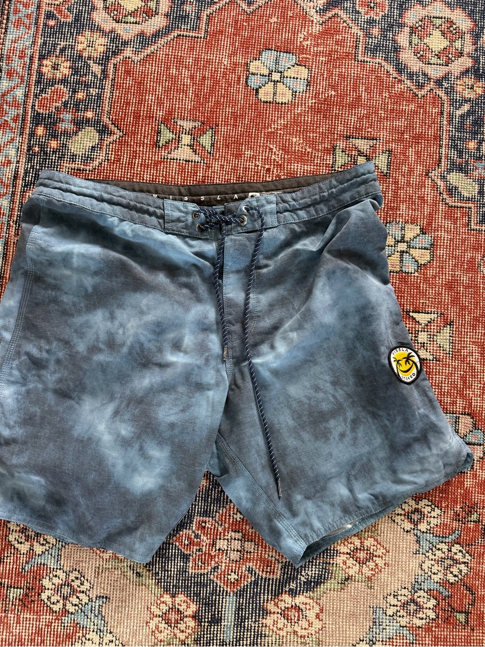 Vissla Tie-Dye Blue Beach Shorts with Palm Patch